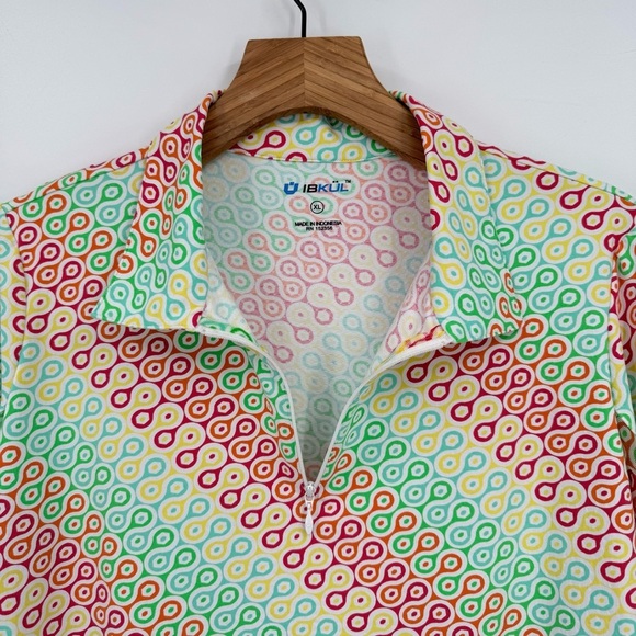 IBKUL Mesh Stretch Collared Quarter Zip Long Sleeve Golf Top in Retro Print XL - Picture 7 of 8